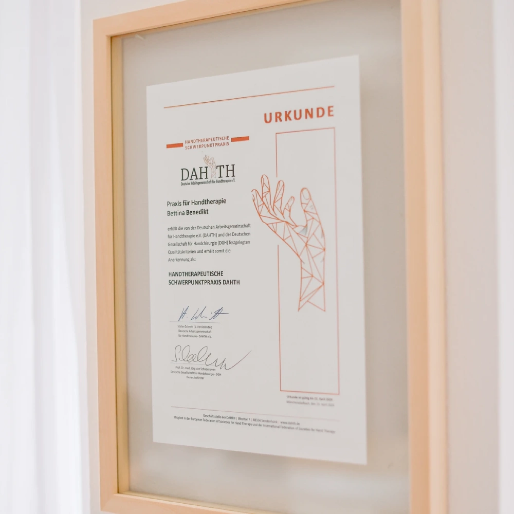 urkunde-dah-th-handtherapeutische-schwerpunktpraxis-bettina-benedikt-muenchen Gerahmte DAH-TH Urkunde – Praxis Benedikt München als anerkannte Handtherapeutische Schwerpunktpraxis von Bettina Benedikt