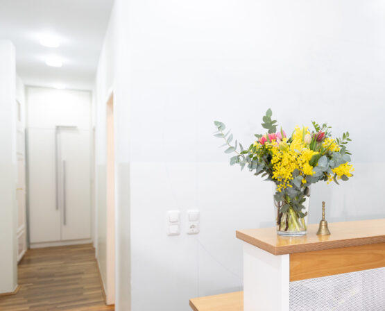 empfang-praxis-benedikt-muenchen-blumen-tresen Heller Empfangsbereich der Praxis Benedikt München mit Holztresen und buntem Blumenstrauß in Glasvase